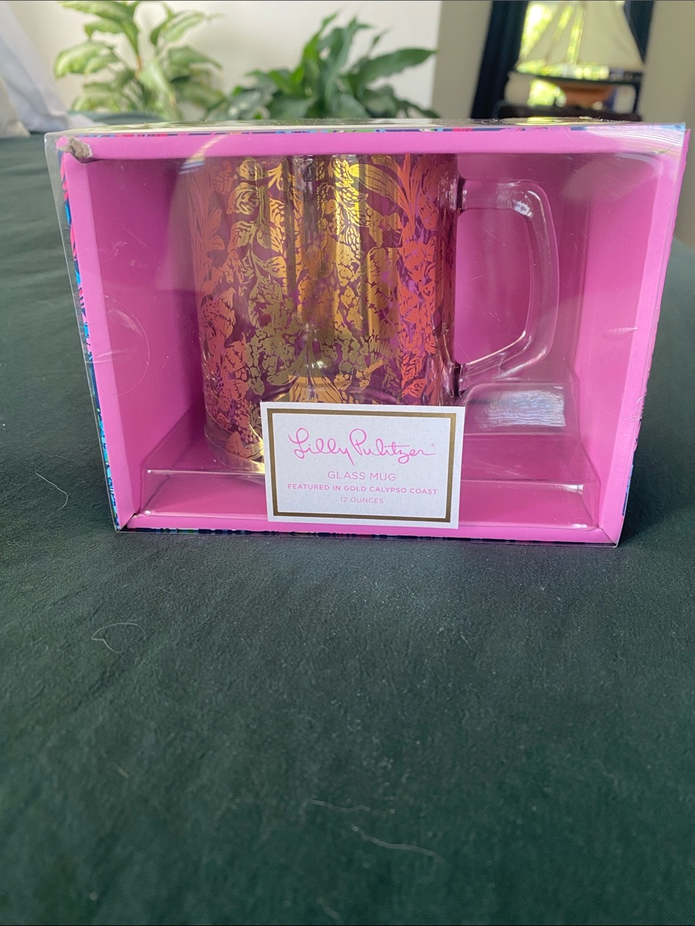Lilly Pulitzer Glass Mug, Clear Cup with Handle, 12oz, Calypso Coast (Gold) NWT